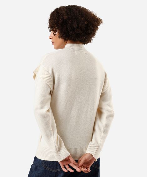 suéter feminino de tricot gola alta com babados texturizado off white