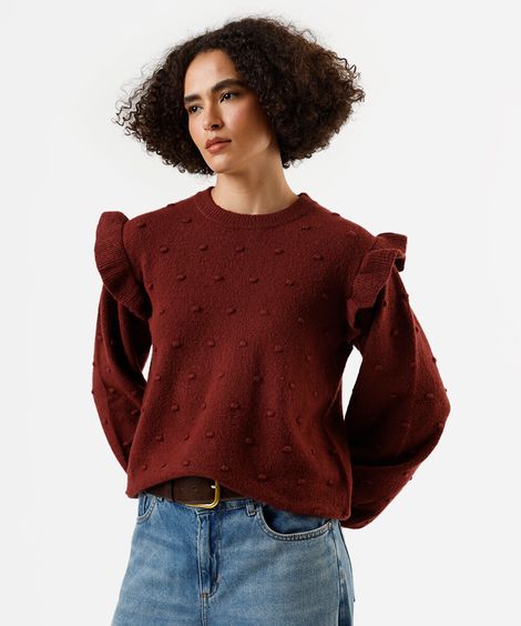 suéter feminino de tricot com babados texturizado vinho