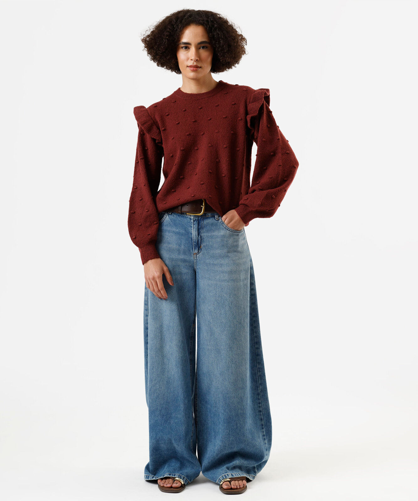 suéter feminino de tricot com babados texturizado vinho