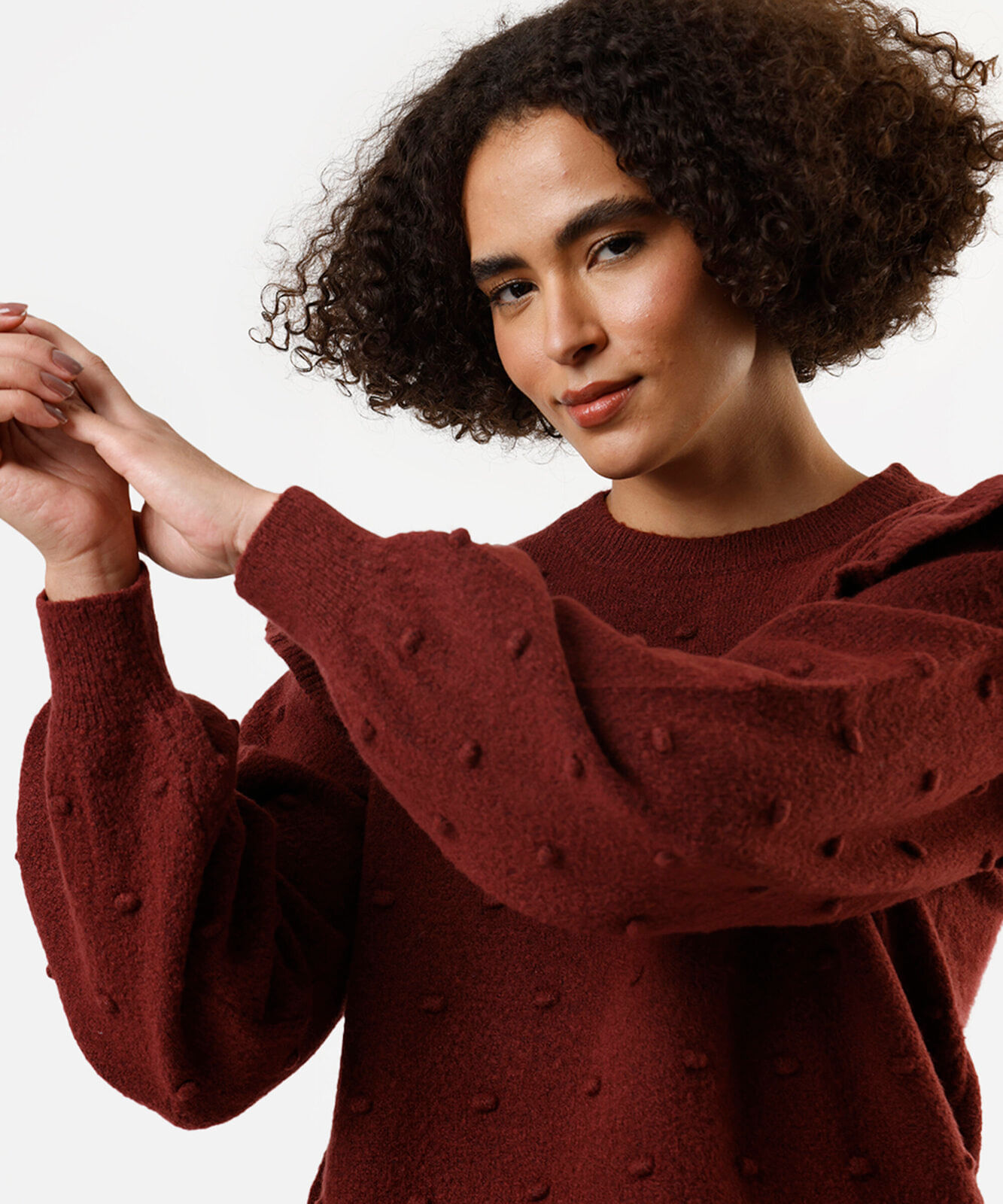 suéter feminino de tricot com babados texturizado vinho