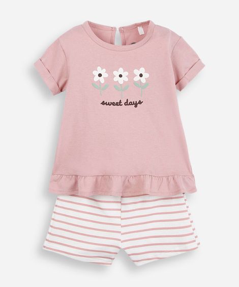conjunto curto infantil de algodão listrado rosa