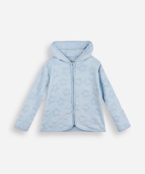 jaqueta infantil de fleece com capuz texturizada floral azul