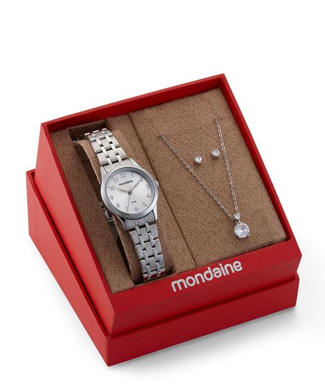 kit de relógio analógico mondaine 32608L0MKNE2K1 com colar e brinco prata