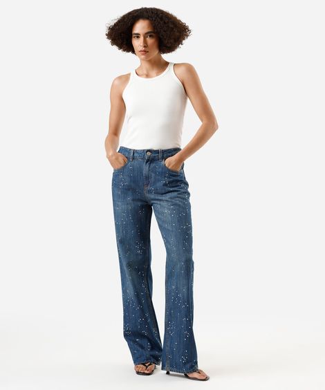 calça wide leg slim feminina jeans com brilhos cintura alta azul