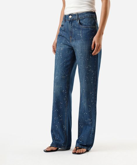 calça wide leg slim feminina jeans com brilhos cintura alta azul