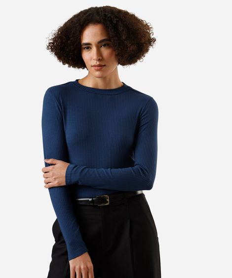 blusa feminina de viscose manga longa canelada azul