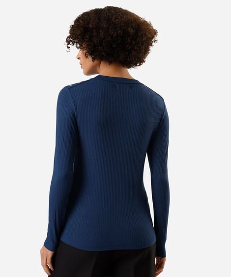 blusa feminina de viscose manga longa canelada azul