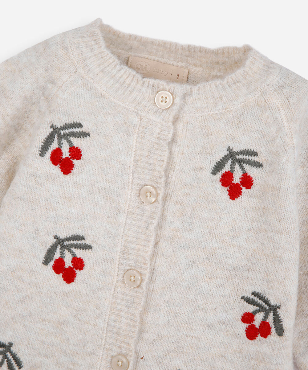 cardigan infantil de tricot cerejas bege