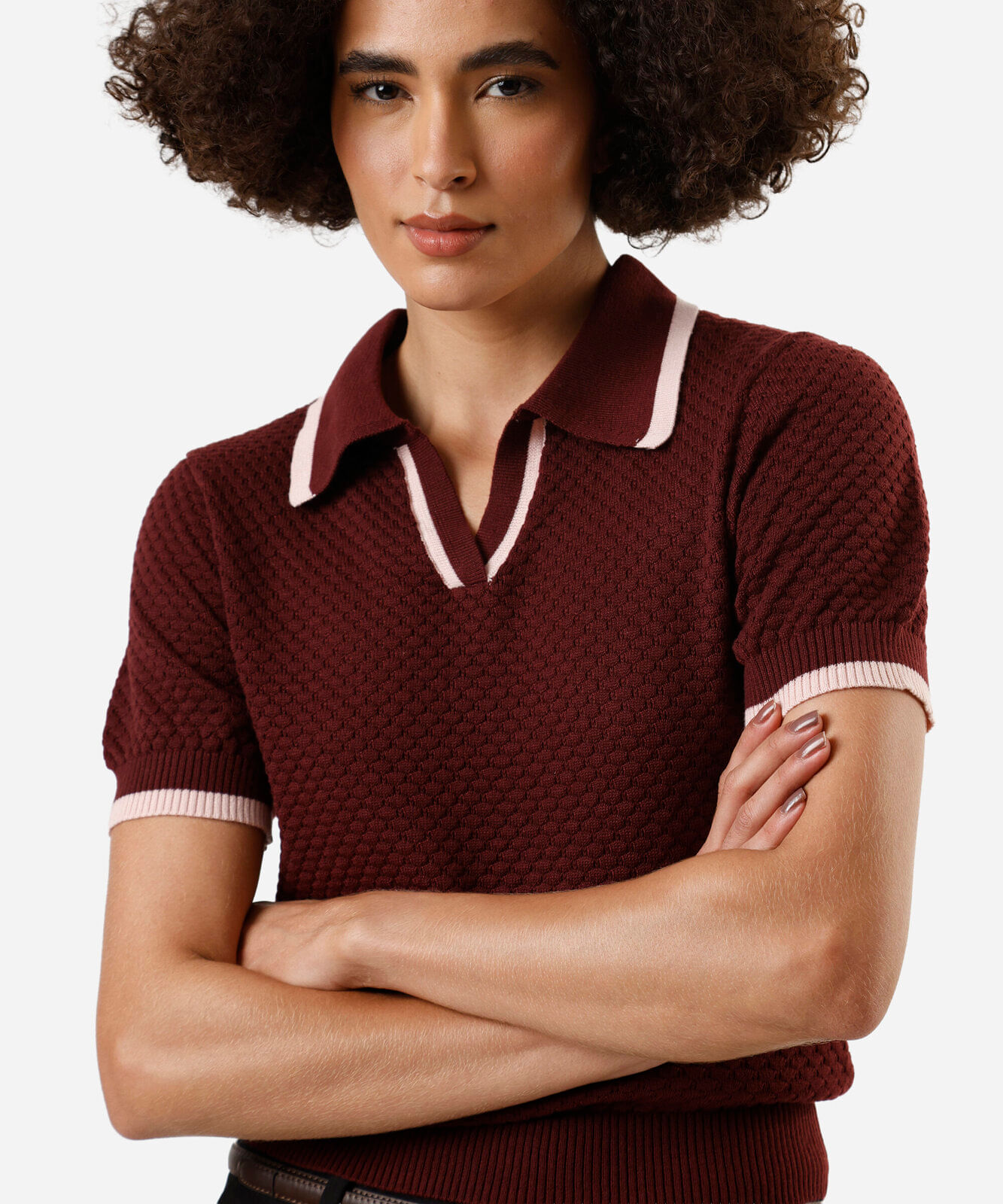 polo feminina de tricot texturizada vinho