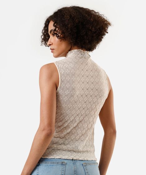 regata feminina de renda gola alta floral bege