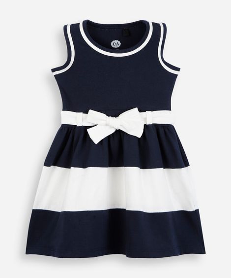 vestido infantil de algodão com recorte e laço azul