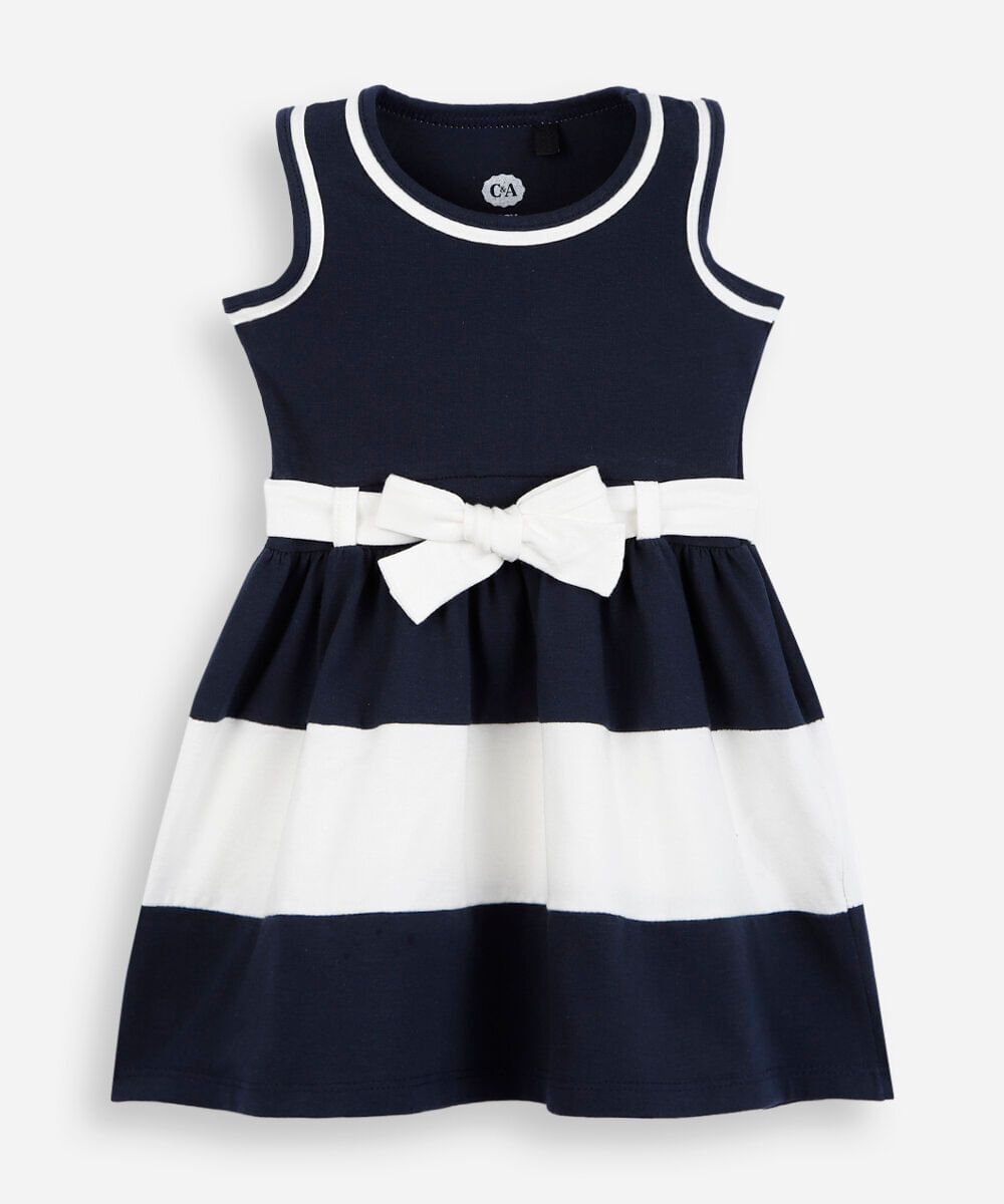 vestido infantil de algodão com recorte e laço azul