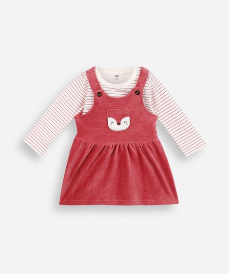 salopete infantil de veludo cotelê com bordado rosa