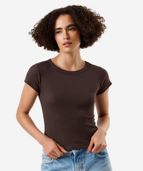 blusa baby look feminina de algodão manga curta canelada marrom