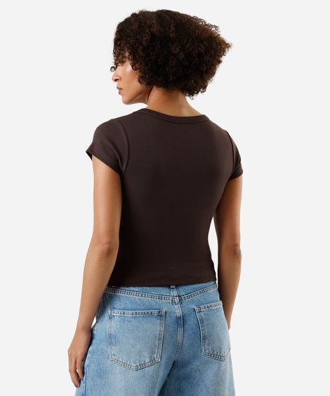 blusa baby look feminina de algodão manga curta canelada marrom