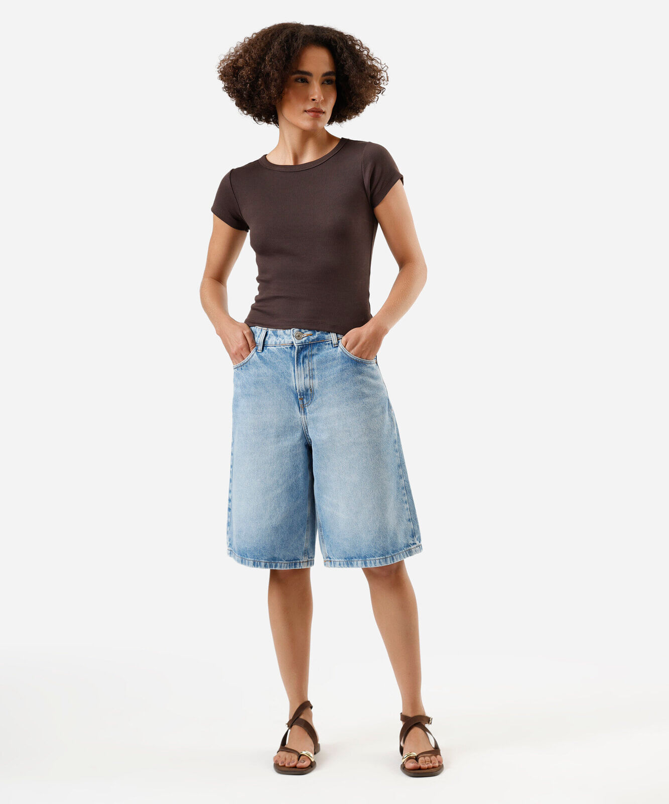 blusa baby look feminina de algodão peruano canelada marrom