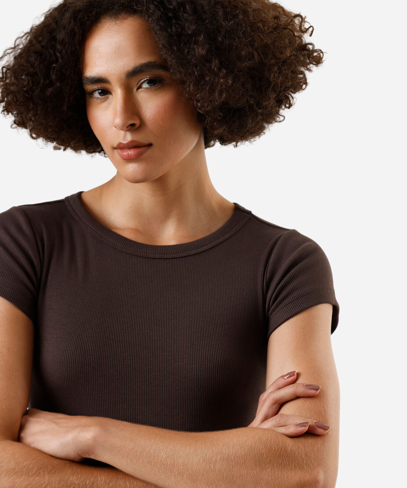 blusa baby look feminina de algodão peruano canelada marrom