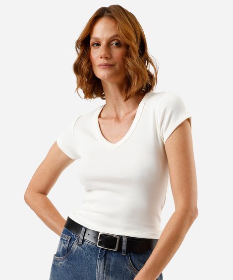 blusa feminina de algodão decote v manga curta canelada off white