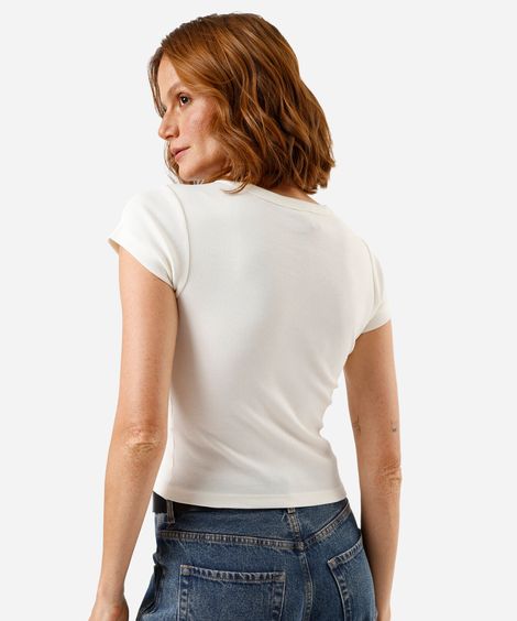 blusa feminina de algodão decote v manga curta canelada off white