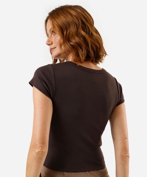 blusa feminina de algodão decote v manga curta canelada marrom