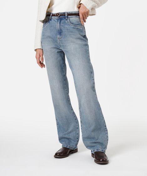 calça reta feminina jeans cintura alta sawary azul