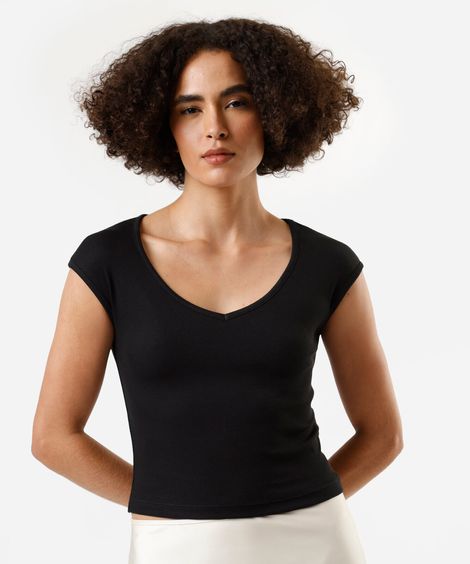 blusa feminina de algodão decote v manga curta canelada preta