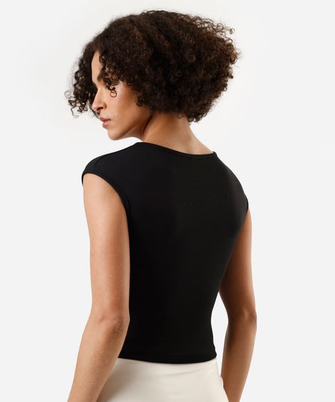 blusa feminina de algodão decote v manga curta canelada preta