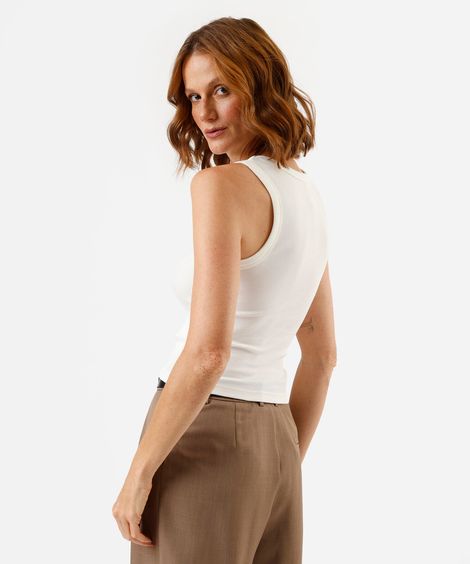 regata feminina de algodão decote redondo canelada off white
