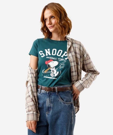 camiseta feminina de algodão manga curta snoopy verde