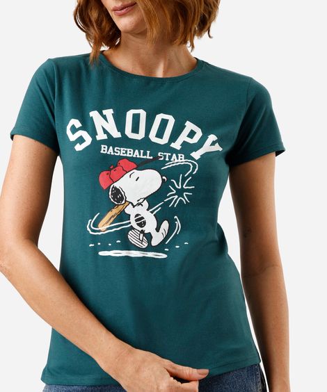 camiseta feminina de algodão manga curta snoopy verde