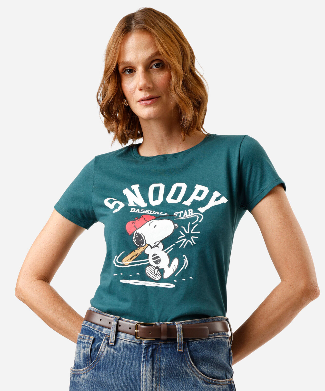 camiseta feminina de algodão manga curta snoopy verde