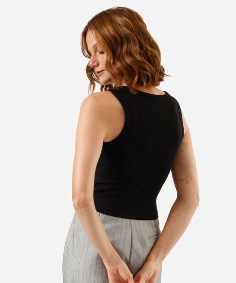 regata feminina de algodão decote redondo canelada preta