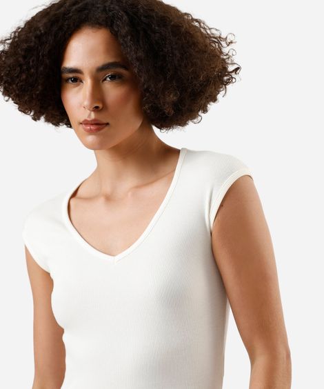 blusa feminina de algodão decote v manga curta canelada off white