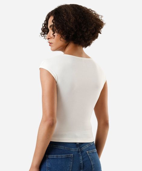 blusa feminina de algodão decote v manga curta canelada off white