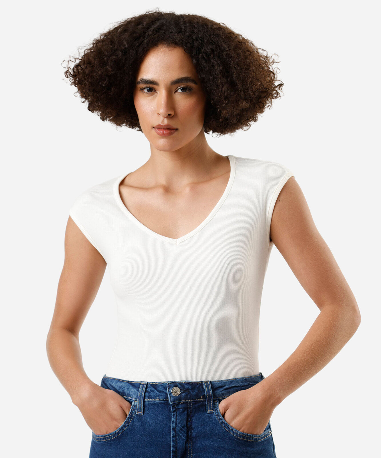 blusa feminina de algodão decote v manga curta canelada off white