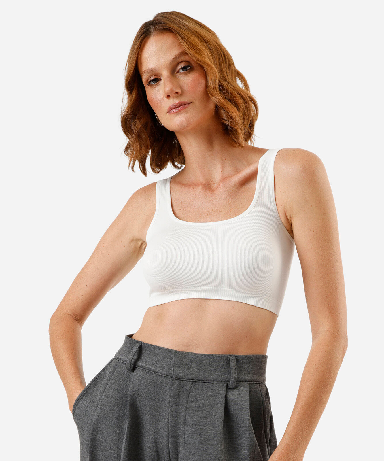 top cropped feminino de poliamida canelado off white