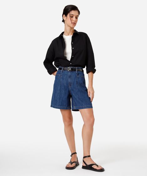 short feminino jeans cintura média azul