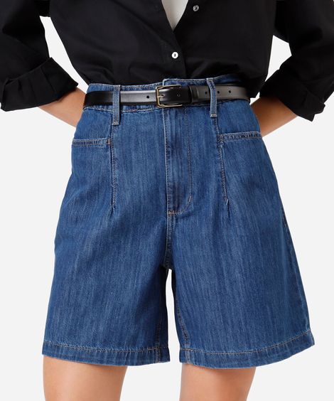 short feminino jeans cintura média azul