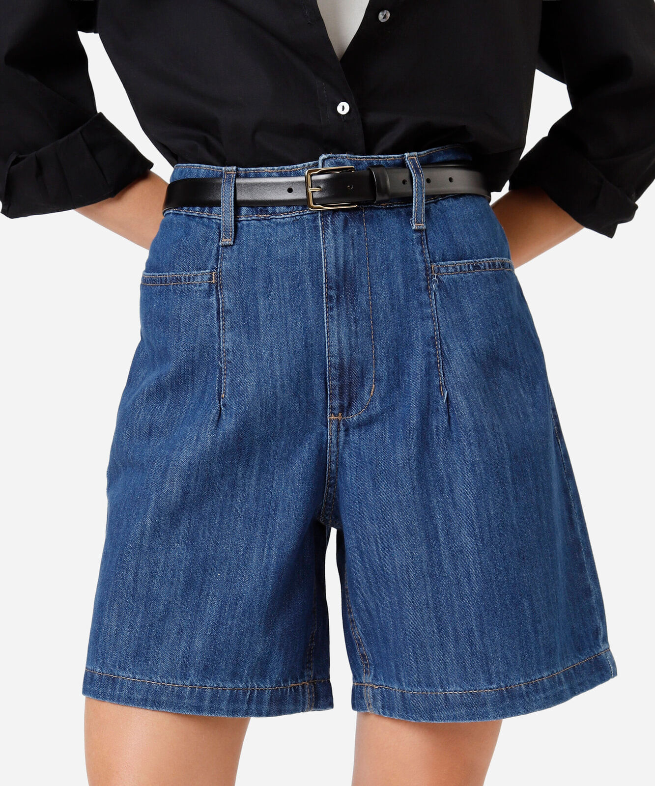 short feminino jeans cintura média azul