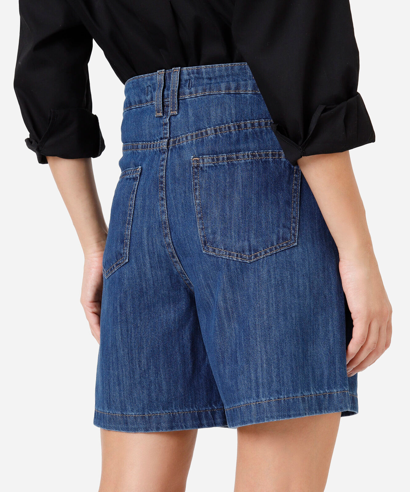 short feminino jeans cintura média azul