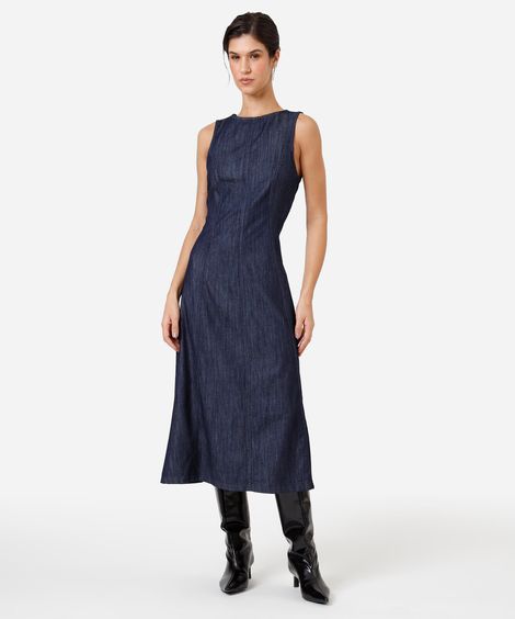 vestido midi feminino jeans decote redondo azul