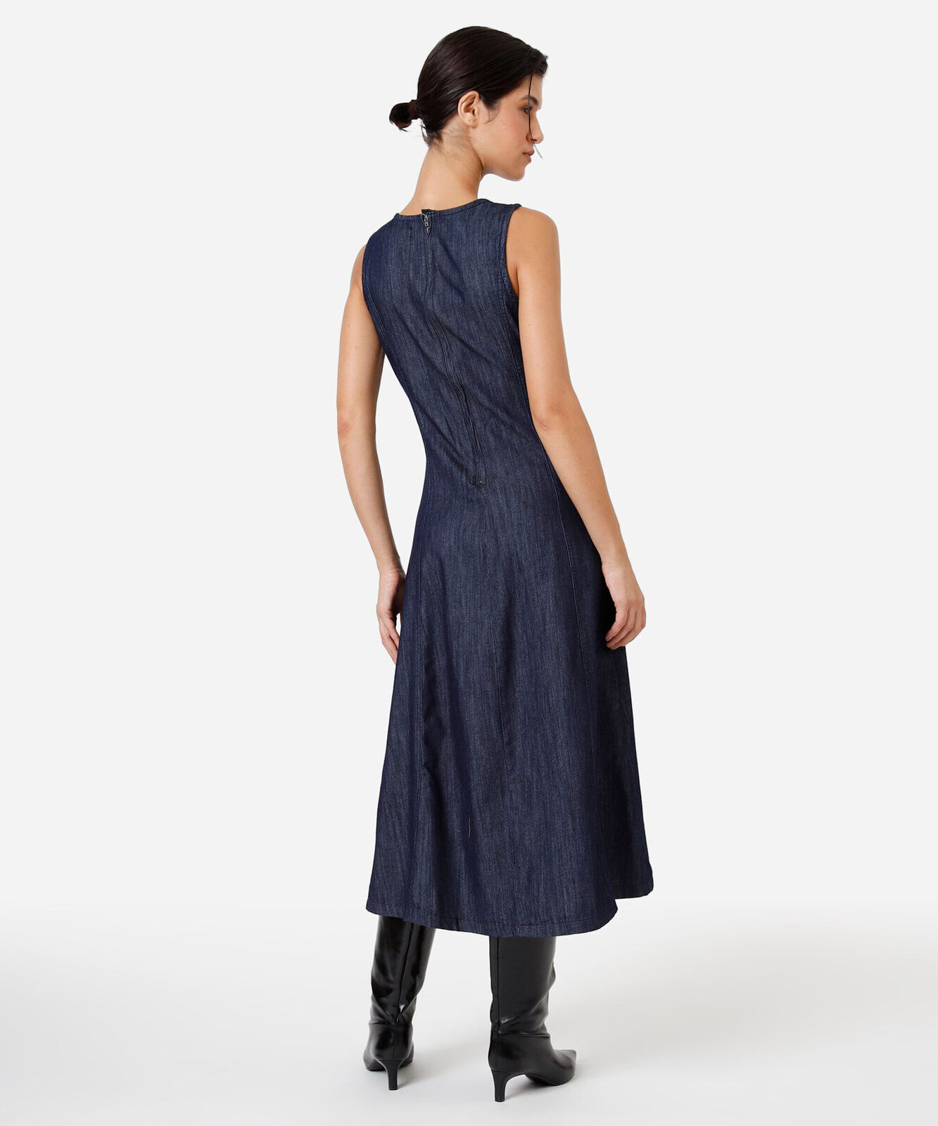 vestido midi feminino jeans decote redondo azul