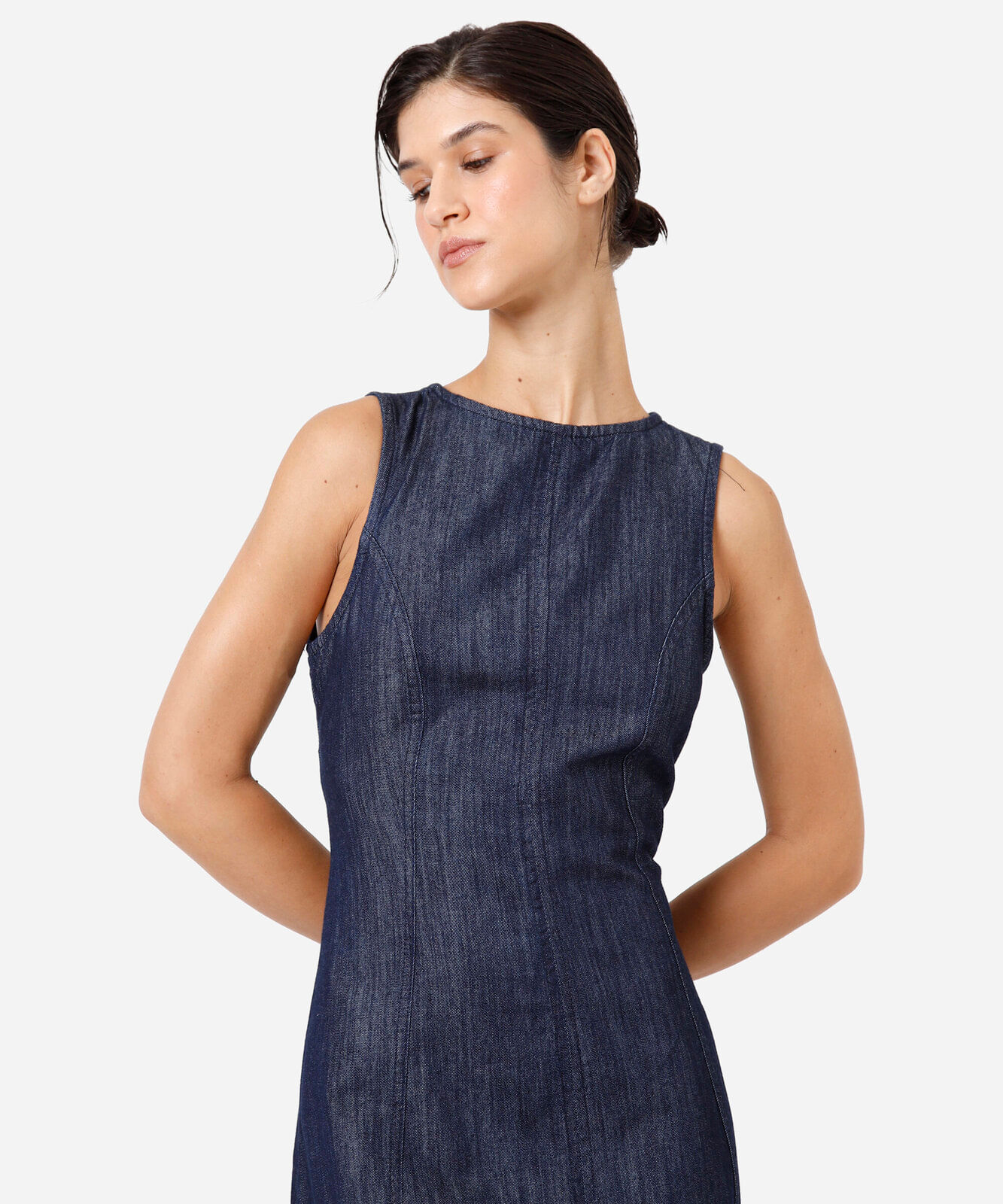 vestido midi feminino jeans decote redondo azul