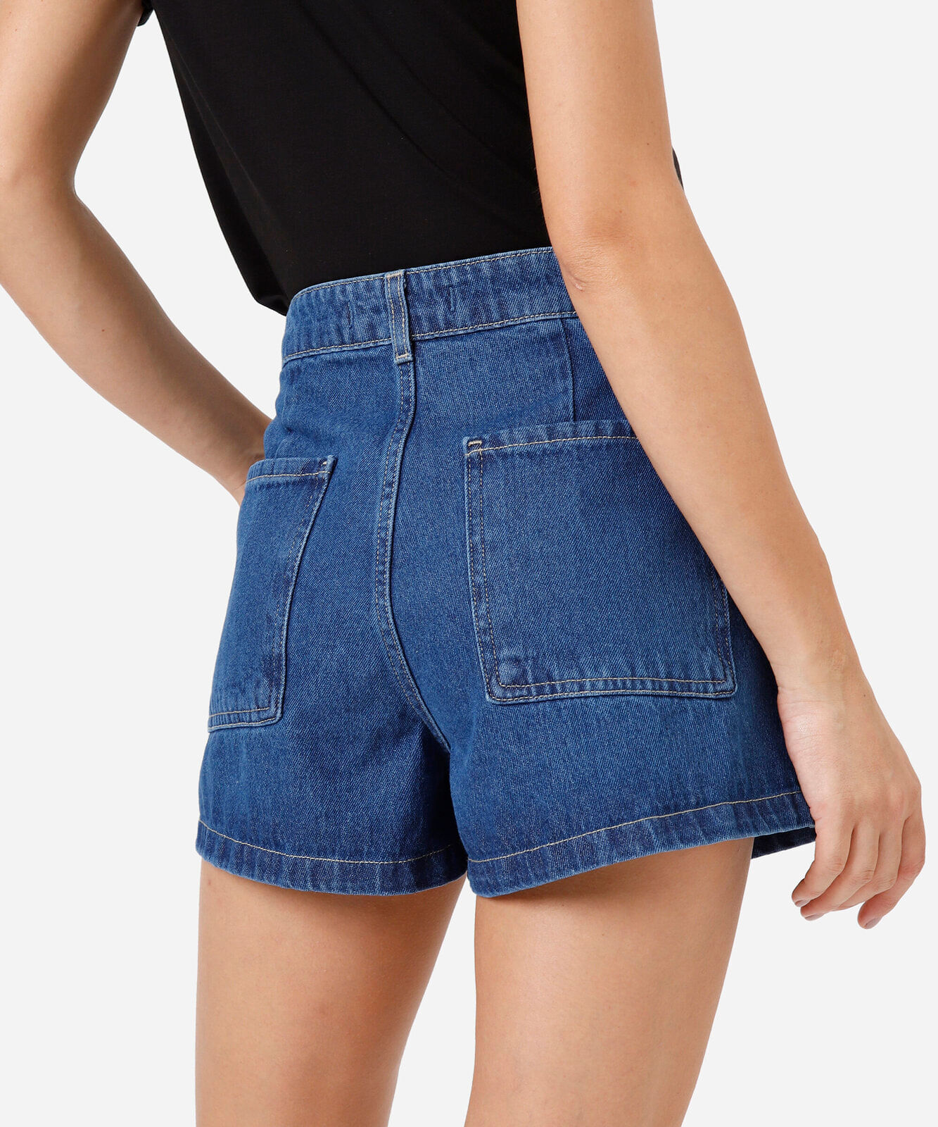 short feminino jeans cintura média azul