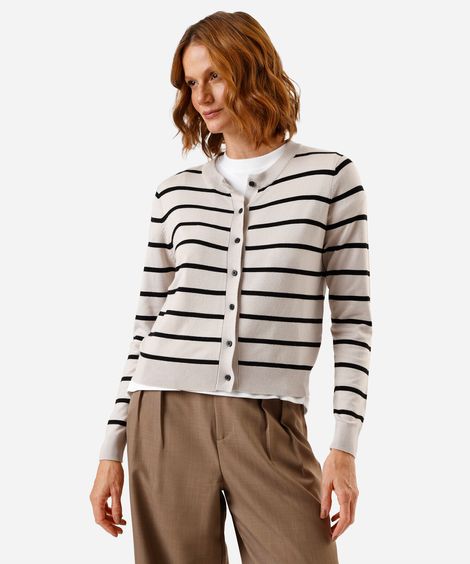 cardigan feminino de tricot listrado cinza
