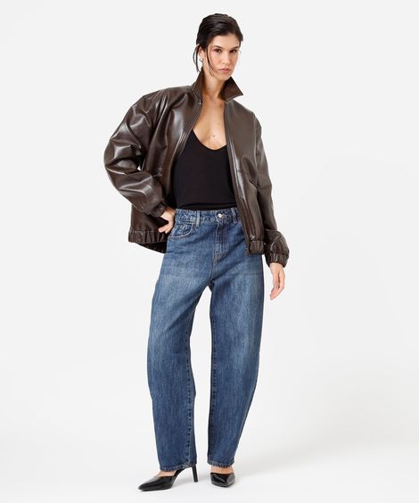 calça balloon feminina jeans cintura média azul