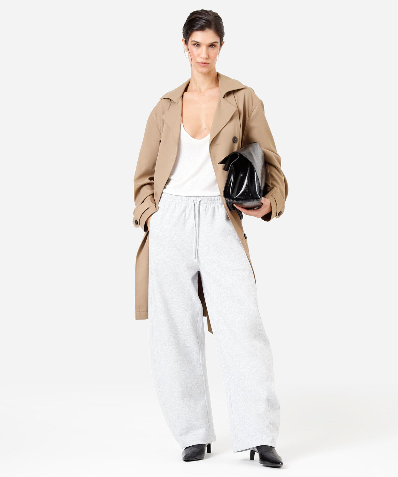 calça barrel feminina de moletom cós elástico cinza
