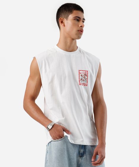 regata machão masculina de algodão estampada off white
