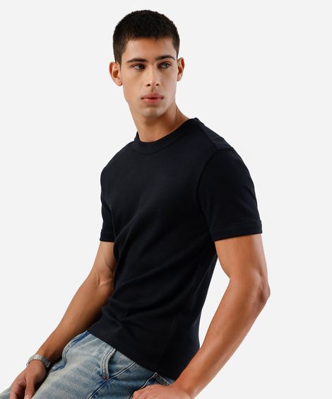 camiseta slim fit masculina de algodão manga curta canelada preta