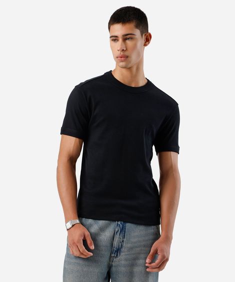 camiseta slim fit masculina de algodão manga curta canelada preta